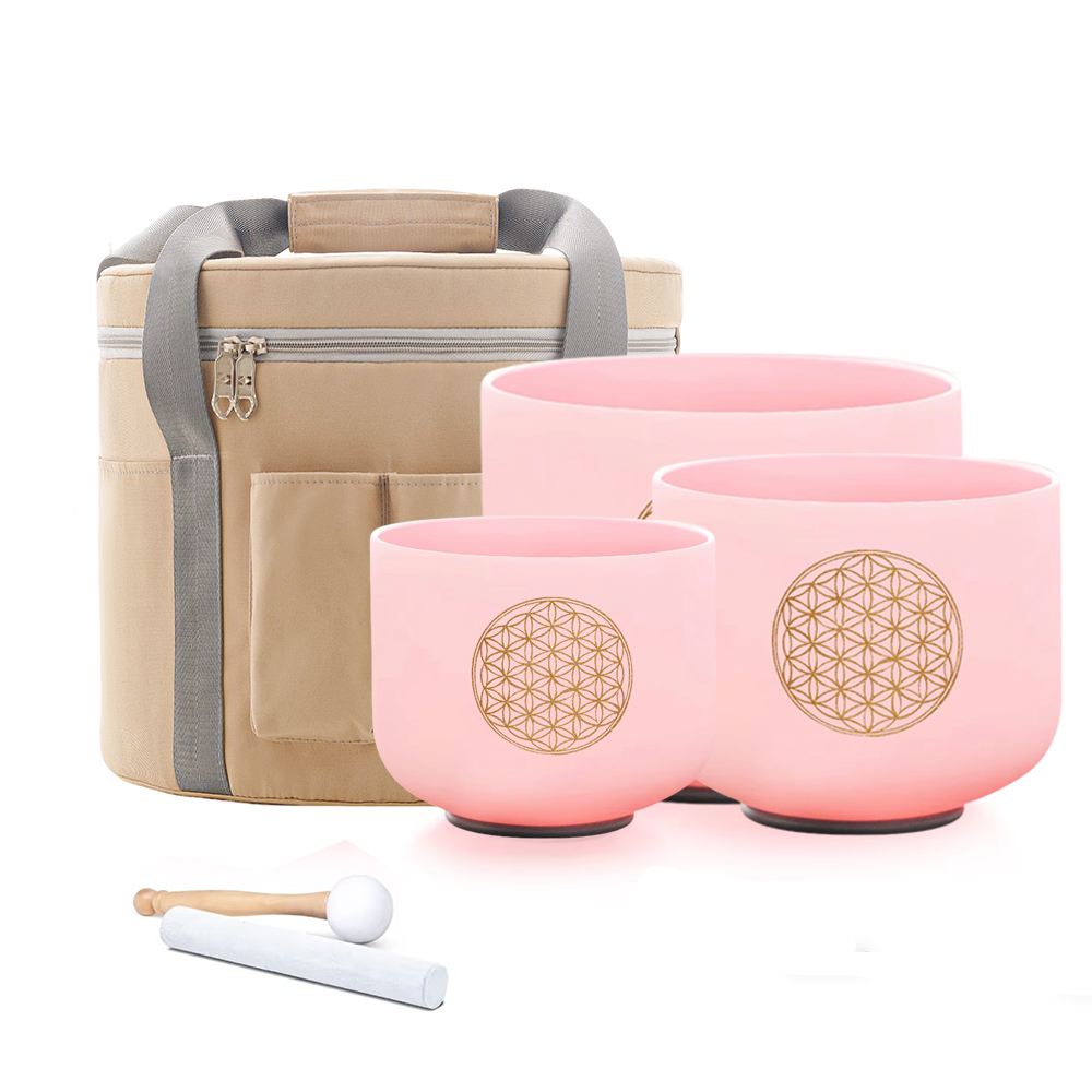 Healing Crystal Set - Hye-eun 7-11 Zoll Lebensblumen-Design Rosa Kristall-Klangschalen