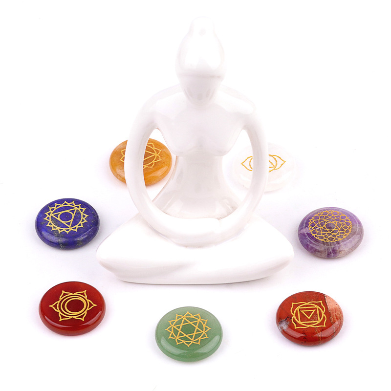 Healing Crystal Set - 7 Stück/Set Natursteinperlen, Ornament, rund, geschnitzt,